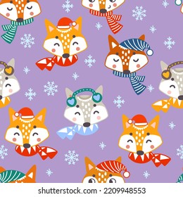 Foxes de navidad sin foco en bufandas y copos de nieve en la ilustración del vector de fondo púrpura. Para impresión y diseño , tarjetas de felicitación, papel de envoltura, tela, porcelana, ropa de cama, decoración