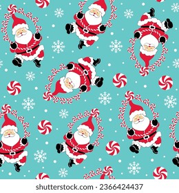 Seamless Pattern of Christmas Fun Santa Claus with Candy Cane and Snowflakes- Christmas Vector Illustration