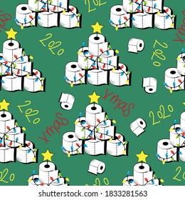 Seamless pattern for Christmas - Funny toilet paper christmas tree. In covid-19 pandemic self isolated period.  Good for wrapping paper, textile print, wall paper, poster, card or decoration.