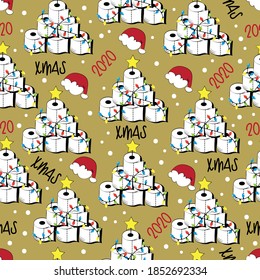 Seamless pattern for Christmas - Funny toilet paper christmas tree,  In covid-19 pandemic self isolated period.  Good for wrapping paper, textile print, wall paper, poster, card or decoration.