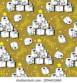 Seamless pattern for Christmas - Funny toilet paper christmas tree. In covid-19 pandemic self isolated period.  Good for wrapping paper, textile print, wall paper, poster, card or decoration.