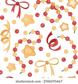 Seamless pattern with Christmas garland, stars and bows. Vector holiday texture in flat style. Suitable for wallpaper, wrapping paper, fabric, etc