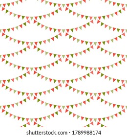 Seamless pattern of Christmas garlands. Strings of green and red flags on white background. Holiday decoration