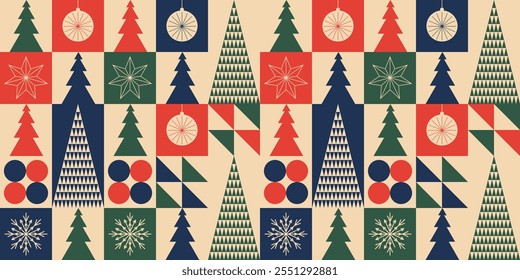 Nahtloses Muster mit geometrischen Weihnachtsbaum-Retro-Designs. Horizontales Weihnachtsbanner. Vektorgrafik