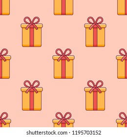 Seamless pattern with Christmas gift box on orange background. Vector texture.