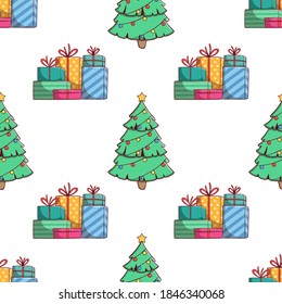 seamless pattern christmas gift box and christmas tree