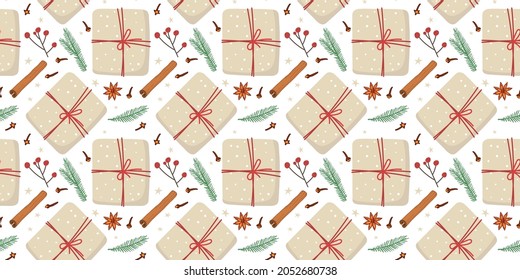 Seamless pattern with Christmas Gift box in craft paper and nature decor, spruce twig, cinnamon stick, anis, red berries, clove. Zero waste packaging, wallpaper Flat vector on white background