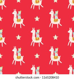 Seamless pattern with Christmas,  gift boxes and Christmas ornaments. Vector illustration. Creative childish background.