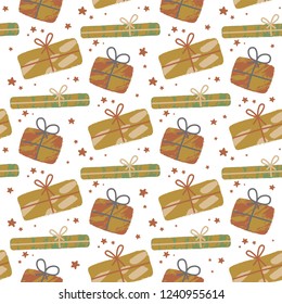Seamless pattern with Christmas gift boxes. Vector illustration. Decorative wallpaper design, print. Happy New Year. Winter season