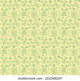 Seamless pattern Christmas gift boxes, gingerbread man and candy cane outline drawing