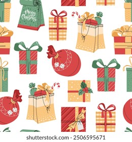 Seamless pattern with Christmas gift boxes. Vector holiday texture in flat style. Suitable for wallpaper, wrapping paper, fabric, etc.