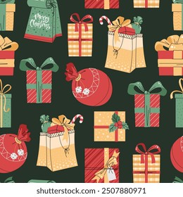 Seamless pattern with Christmas gift boxes. Vector holiday texture in flat style. Suitable for wallpaper, wrapping paper, fabric, etc.