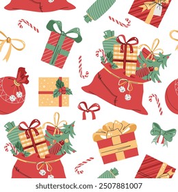 Seamless pattern with Christmas gift boxes and Santa's bag. Vector holiday texture in flat style. Suitable for wallpaper, wrapping paper, fabric, etc.