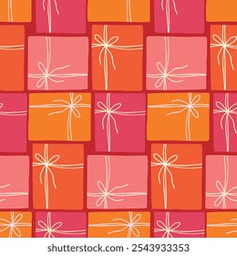 Seamless pattern of Christmas gift boxes on isolated background. Hand drawn design for Winter, Christmas and New Year celebration, for paper crafts or home decor. 