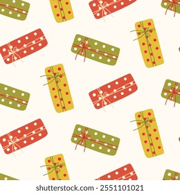 Naadloos patroon van kerstcadeaudozen op een geïsoleerde achtergrond. Hand getekende ontwerp voor Winter, Kerstmis en Nieuwjaar of Valentijnsdag viering, voor papier ambachten of home decor. 