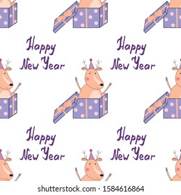 Seamless pattern christmas gift cute deer.  Lettering. Printing on textiles, objects and paper, scrapbooking