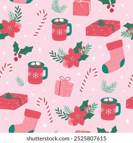 Seamless pattern Christmas gift, socks, ornaments and cup