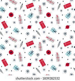 Seamless Pattern with Christmas Gifts boxes and balls. Vector illustrations 