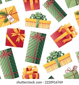 Seamless pattern with Christmas gifts. Boxes wrapped in wrapping paper with bows. Background for Christmas, holiday wrapping paper, wallpapers, textiles.