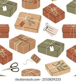 Modelo inconsútil con los regalos de la Navidad con el papel del arte