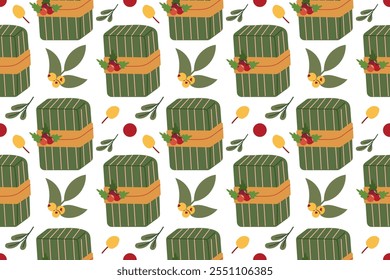 Seamless pattern from Christmas gifts, festive bright gift box can be repeated and scaled in any size . Doodle cartoon style illustration for fabric or paper design.