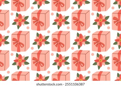 Seamless pattern from Christmas gifts, festive bright gift box can be repeated and scaled in any size . Doodle cartoon style illustration for fabric or paper design.