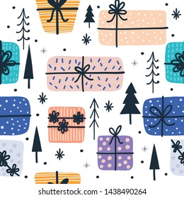 Seamless pattern with Christmas gifts on a white background. Vector design for wrapping paper, textile. 