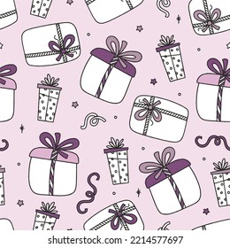Seamless Pattern of Christmas Gifts on Pink background vector Doodle Christmas 