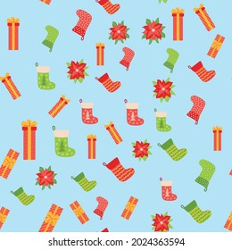 Seamless pattern with Christmas gifts, poinsettia and red, green stocking. Christmas packaging.