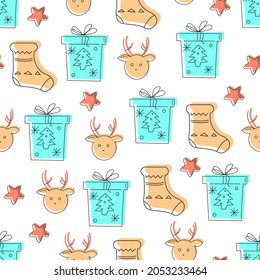 Seamless pattern with Christmas gifts and socks.