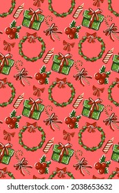 Seamless pattern. Christmas gifts with sweets and a wreath on a red background.
