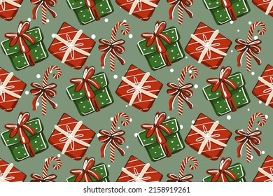 Seamless pattern. Christmas gifts with sweets and a wreath on a green background.