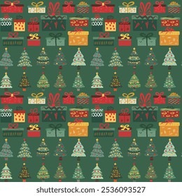 Seamless pattern Christmas gifts and trees, New Year. Vector	