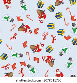 Seamless pattern Christmas gifts. Vector illustration of Christmas symbols Santa Claus, snowman, candy, felt boots and a gift box.