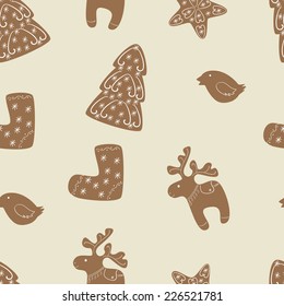 Seamless pattern with Christmas ginger cookies of different shapes decorated with beautiful vignettes. For holiday decoration, wrapping paper, wallpaper, gift boxes, other packing elements