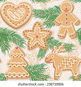 Seamless pattern with christmas ginger cookies. Funny shaped baking and New Year fir tree. Colorful vector illustration.
