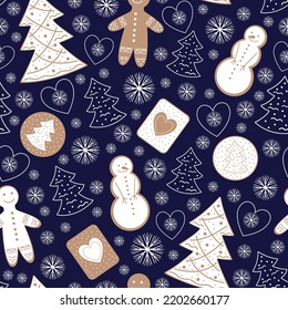 seamless pattern with Christmas gingerbread, candies and snowflakes