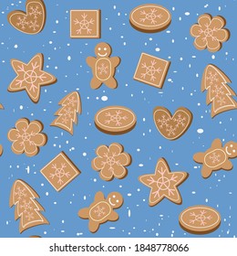 Seamless pattern with Christmas gingerbread, chocolate chip cookies with frosting in the form of snowflakes