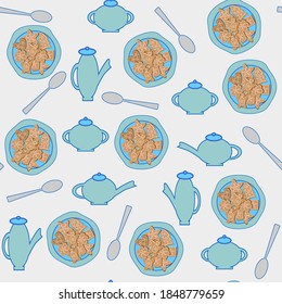 Seamless pattern of Christmas gingerbread, chocolate cookies with icing in the form of snowflakes on a plate and tea utensils, spoons