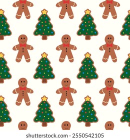 Seamless Pattern with Christmas Gingerbread Cookie Man Character and Tree. Vector flat illustration.