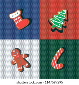 Seamless pattern. Christmas gingerbread cookies on a knitted background. Checkered wool blanket. Patchwork. Christmas treat. Festive background. Vector.