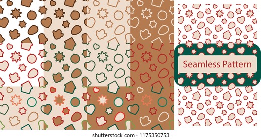 Seamless pattern with Christmas gingerbread cookies - xmas candy, bell, angel, star, house, heart. Cute winter holiday background. Vector design gingerbread background.