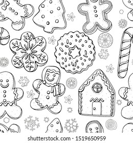 Seamless pattern with Christmas gingerbread cookies and smowflakes. Coloring book page for adults and children. Black and white.