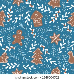 Seamless pattern with Christmas gingerbread cookies. Christmas house, gingerbread man, tree, bird, snowflake, bell and christmas tree branch.