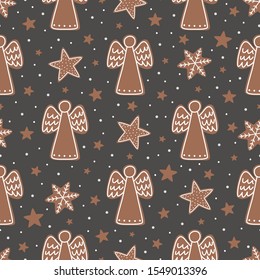 Seamless pattern with Christmas gingerbread cookies. Christmas angel and snowflake.