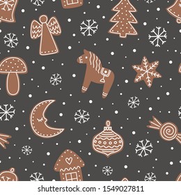 Seamless pattern with Christmas gingerbread cookies. Christmas bell, crescent, horse, mushroom, house, snowflake, angel, candy, christmas tree toy.