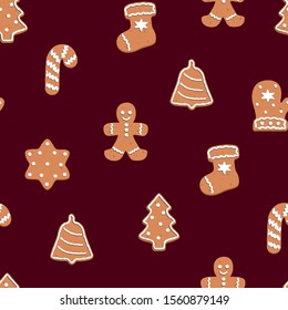 seamless pattern with Christmas gingerbread cookies on dark red background, vector illustration