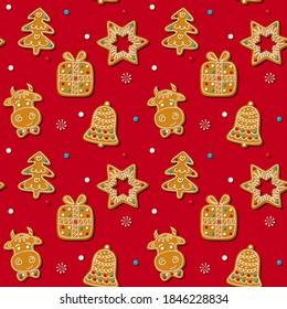 Seamless pattern with christmas gingerbread cookies on red background. Vector illustration