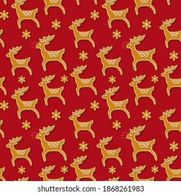 Seamless pattern with Christmas gingerbread cookies in the shape of a reindeer and snowflakes on a red background. Vector illustration