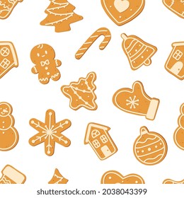 Seamless pattern with Christmas gingerbread cookies. Winter holiday food. Perfect for wrapping paper, greeting cards, textile. Gingerbread man, house, christmas tree, snowman, snowflake.